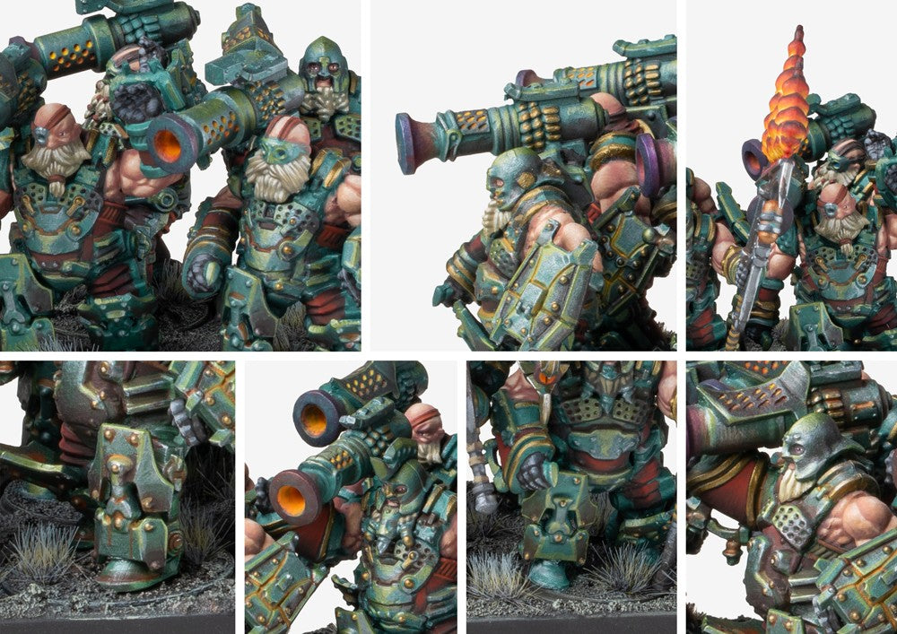 Close-up details of the Dweghom Fireforged models, highlighting the large shoulder-mounted fire projector weapons, heavy layered armor, and determined dwarf expressions.