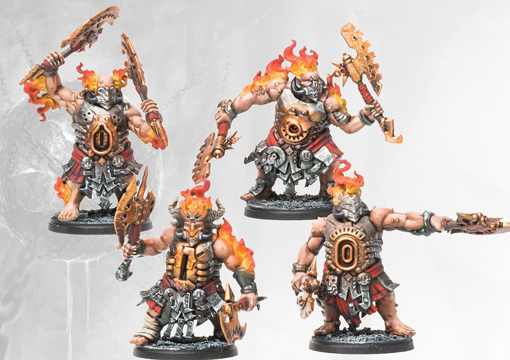 Four individual painted Dweghom Flame Berserkers models, displaying the elemental fire effects, heavy axe weaponry, and furious poses.