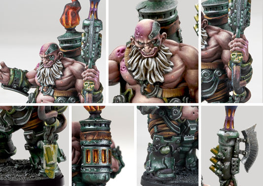 Close-up details of the Flamecaster model, emphasizing the enraged dwarf face, heavy armor, and the intricate design of the flamer weapon's fuel tank and fire tip.