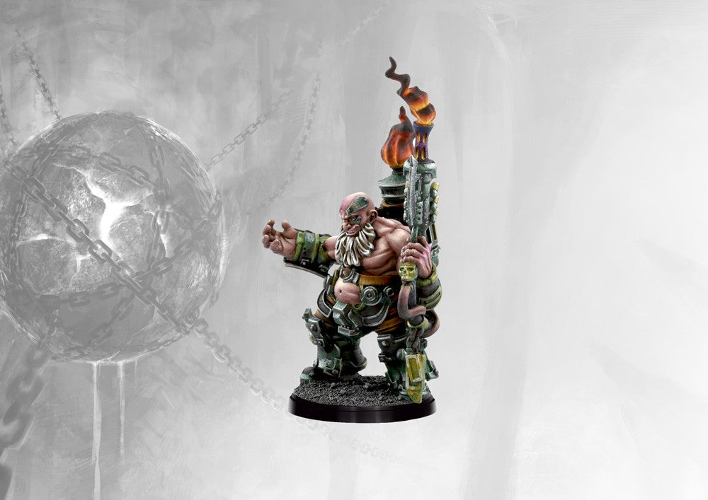 Fully painted Dweghom Flamecaster miniature, showcasing the heavily armored dwarf officer with a lit beard and the unique flame-tipped weapon.