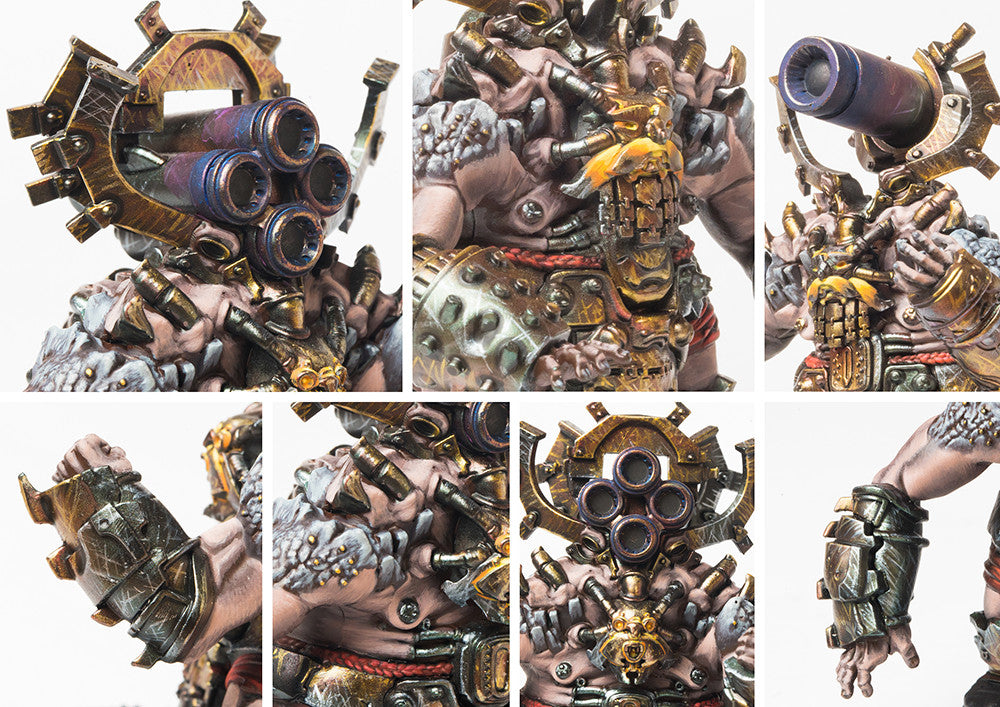 Close-up details of the Dweghom Found miniature, highlighting the multi-barrel and single-barrel Brute Cannons, and the molten metal armor plates.