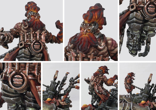 Close-up details of the Hellbringer Sorcerer model, emphasizing the dwarf's molten beard, glowing skin, heavy armor plating, and intricate mechanical accessories.