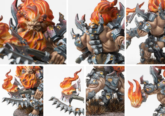 Close-up details of the Herald of Fire model, emphasizing the dwarf's grim expression, flaming beard and hair, and the intricate elemental axe and armor.
