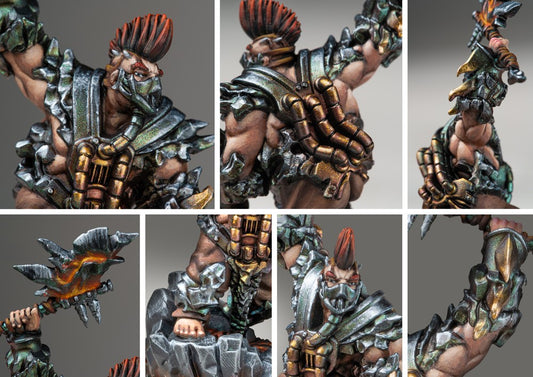Close-up details of the Herald of Magma model, emphasizing the dwarf's grimacing face, scarred body, heavy bronze armor, and the glowing, cracked magma maul head.