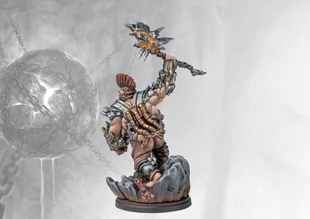 Fully painted Dweghom Herald of Magma miniature, showing the muscular dwarf officer posed with his maul, with magma effects flowing from the weapon head and base.