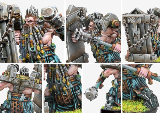 Close-up details of the Herald of Stone miniature, emphasizing the dwarf's intricate braided beard, heavy plated armor, and the massive stone-forged war hammer.