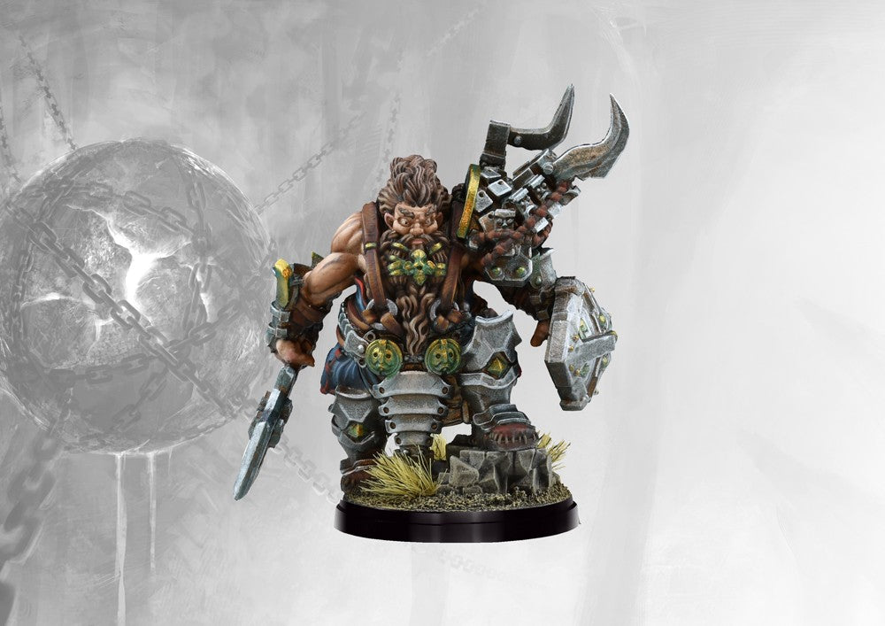 A painted Dweghom Hold Raegh miniature (alternate sculpt) showing the dwarf commander in heavy, ornate armor with large horns and axes.