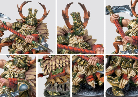Close-up details of the Hold Raegh model, emphasizing the horned helmet, layered feather/scale armor, and the intricate runes on his battle axe.