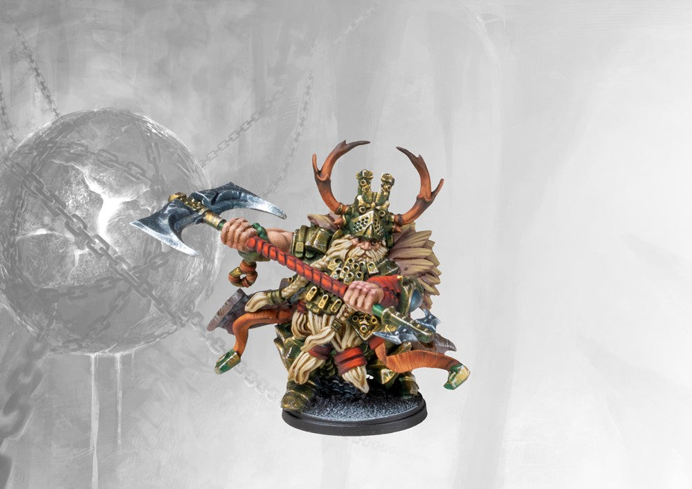 Fully painted Dweghom Hold Raegh miniature, showcasing the powerful dwarf leader wielding a large double-bladed axe and a heavy weapon.