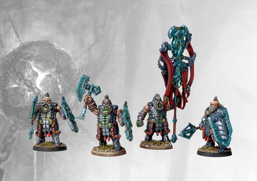 Four painted Dweghom Hold Thanes miniatures, showing the heavy infantry equipped with large shields, axes, and the prominent rune-etched standard.