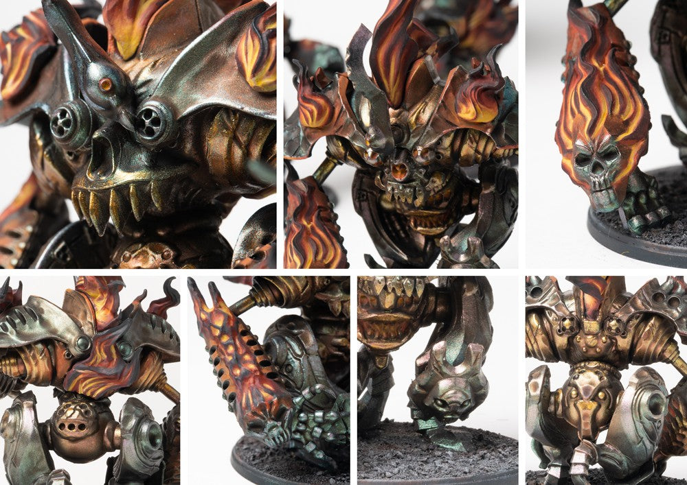 Close-up details of the Inferno Automata model, emphasizing the molten, flaming face, heavy bronze armor, and elemental fire effects.