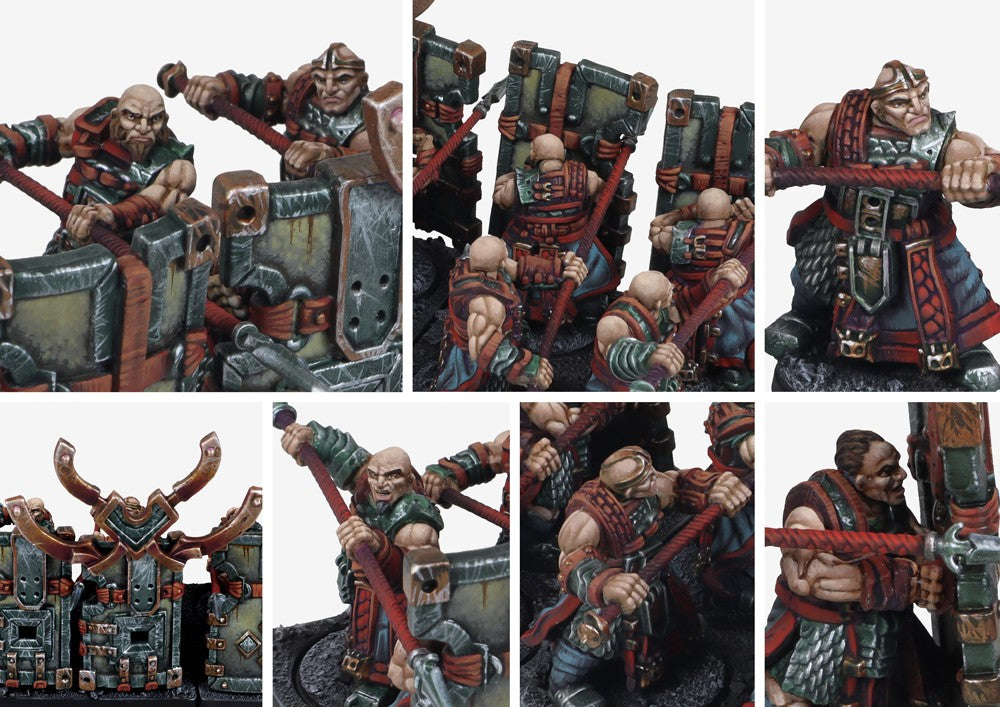 Close-up details of the Dweghom Initiates unit, emphasizing the focused faces, heavy armor plating, and the design of the interlocking shield wall.