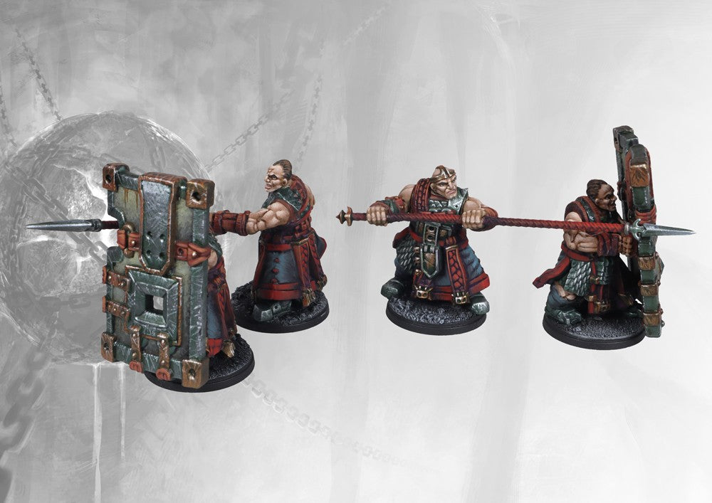 Four painted Dweghom Initiates miniatures, highlighting the core dwarf warriors, their long weapons, and heavy wooden shields.
