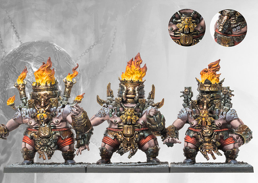 A fully painted regiment of Dweghom Lost Brutes, showcasing their volatile nature with crowns of living fire and tribal heavy armor.