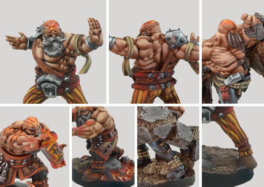 Close-up details of a Dweghom Acolyte (Magic Retinue model), showing the muscular dwarf physique, tribal wraps, and the elemental fire or stone effects.