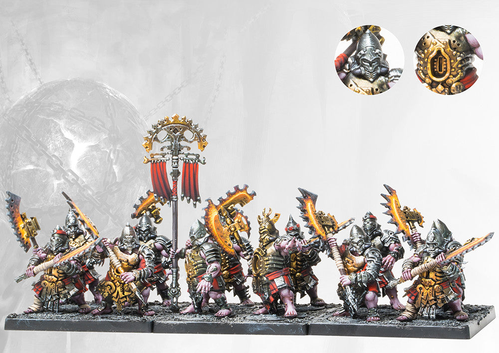 A fully painted Dweghom Magmaforged regiment (Heavy Infantry), showcasing the entire unit and the elaborate elemental flaming command banner.