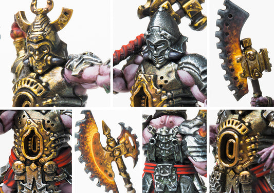 Close-up details of the Magmaforged and Heldscarl miniatures, highlighting the intricate rune-etched armor, mask, and magma-charged weaponry.