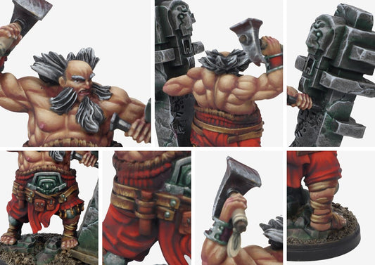 Close-up details of the Mnemancer Apprentice miniature, focusing on the dwarf's scarred face, massive beard, leather armor, and the runic stone monolith.