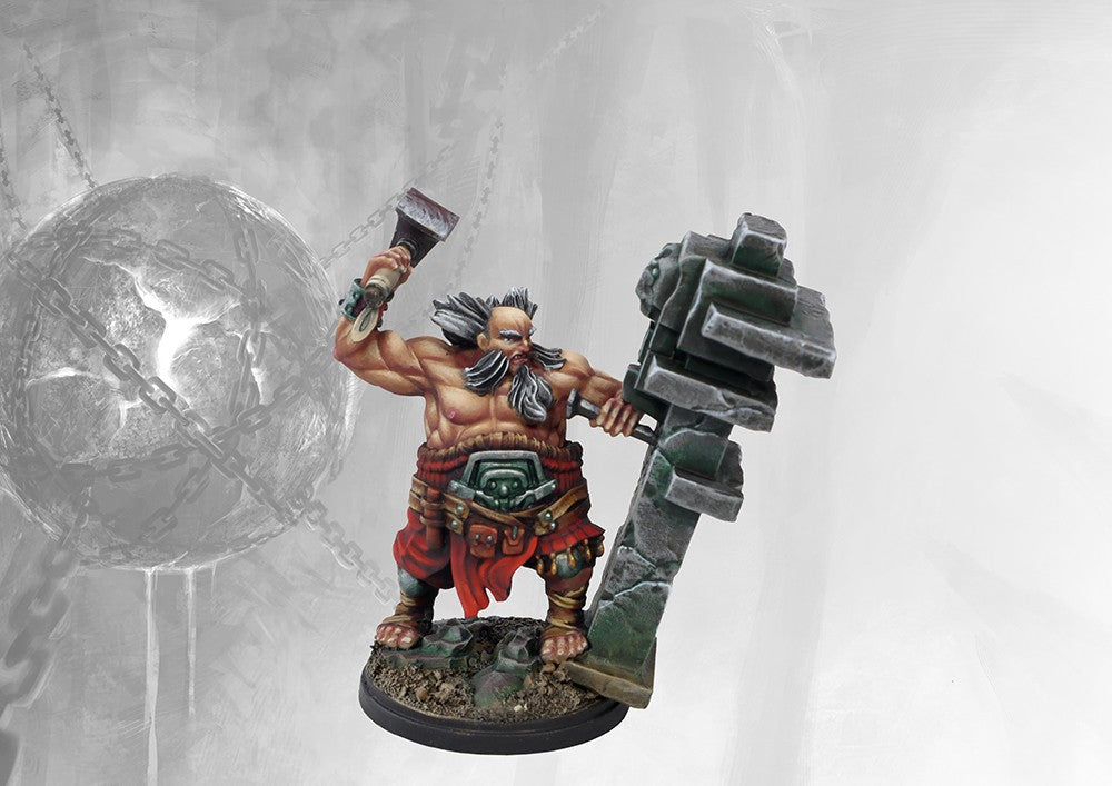 Fully painted Dweghom Mnemancer Apprentice miniature, showing the dwarf hammering runes into a carved stone monolith for elemental control.