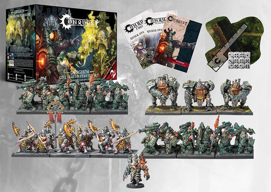 The full contents of the Dweghom Starter Set, showcasing painted Hold Thanes, Hold Ballistae, and Tempered Sorcerer miniatures in unit formation, along with rulebooks and accessories.