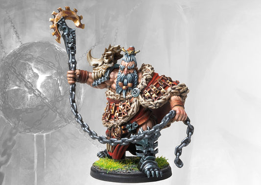Fully painted Dweghom Raegh Drake Rider miniature, showcasing the powerful dwarf leader with a massive chained flail/weapon and horned helm.
