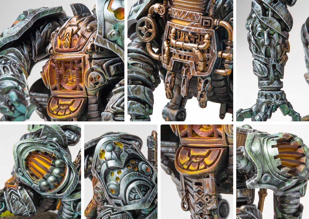 Close-up details of the Steelforged automata, emphasizing the glowing internal engine, segmented armor plates, and heavy siege weaponry.