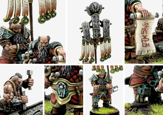 Close-up details of the Dweghom Tactical Retinue models, emphasizing the runic script on the banner, carved bone detailing, and the chronicler's tools.