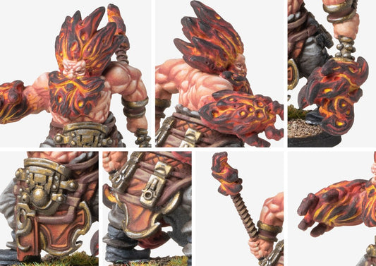 Close-up details of the Tempered Sorcerer miniature, emphasizing the cracked, glowing elemental fists, muscular physique, and tribal waist armor.