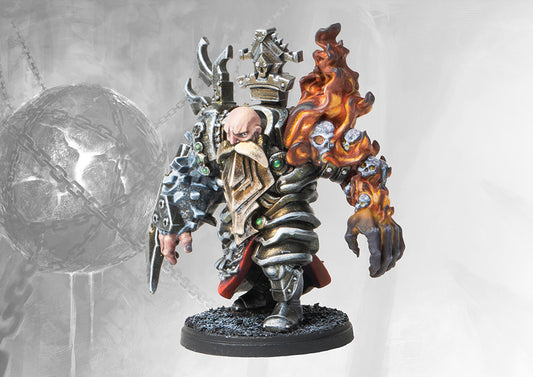 Fully painted Tempered Steelshaper miniature, showcasing the heavily armored dwarf with a fiery elemental arm and a large spiked shield/gauntlet.