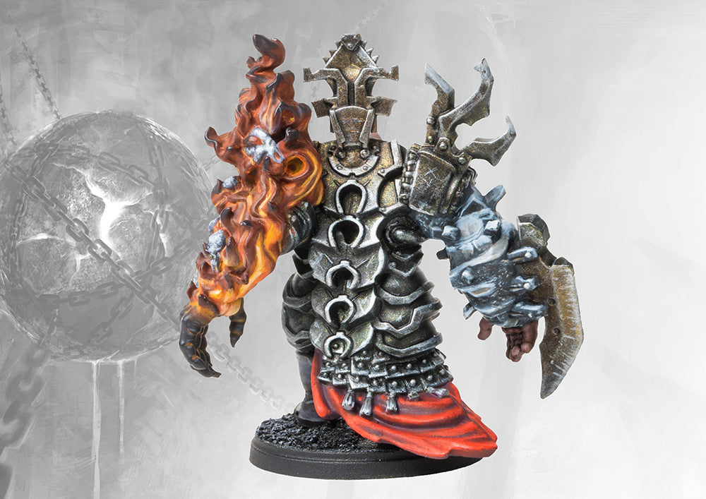 Side view of the Tempered Steelshaper miniature, emphasizing the stark contrast between the elemental fire arm and the spiked steel armor.