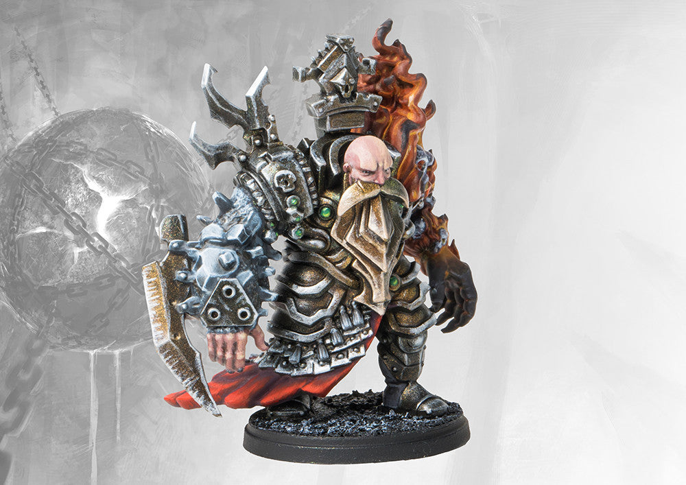 Close-up of the Tempered Steelshaper's head and shoulder, highlighting the determined dwarf face, massive beard, and spike-covered armor.