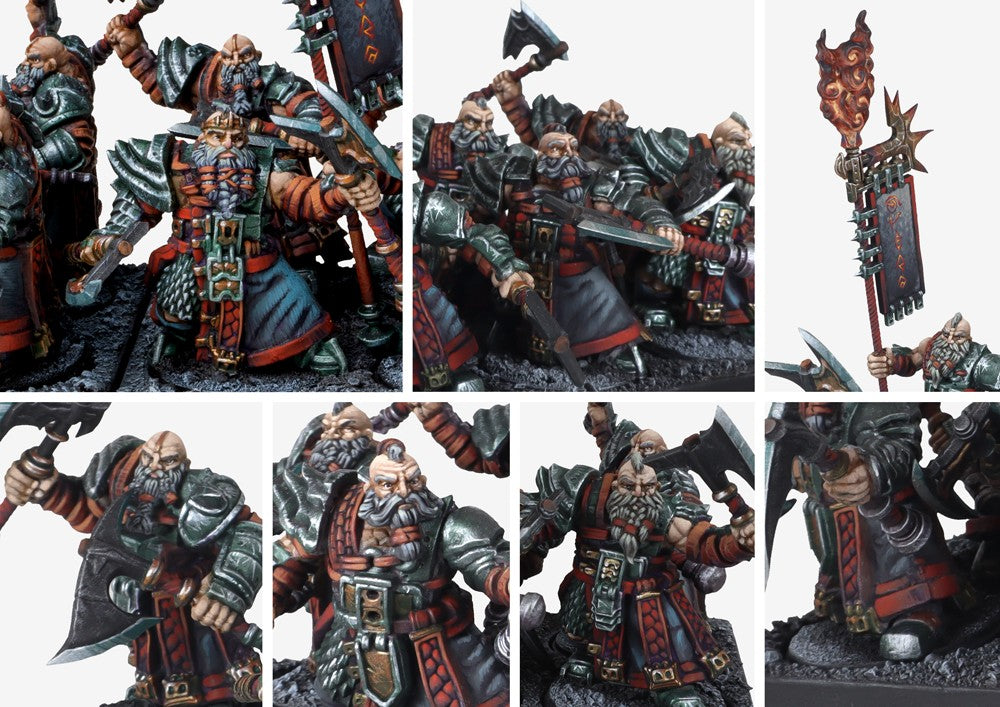 Close-up details of the Dweghom Wardens unit, emphasizing the scaled heavy armor, fierce dwarf beards, and layered red/black clothing.