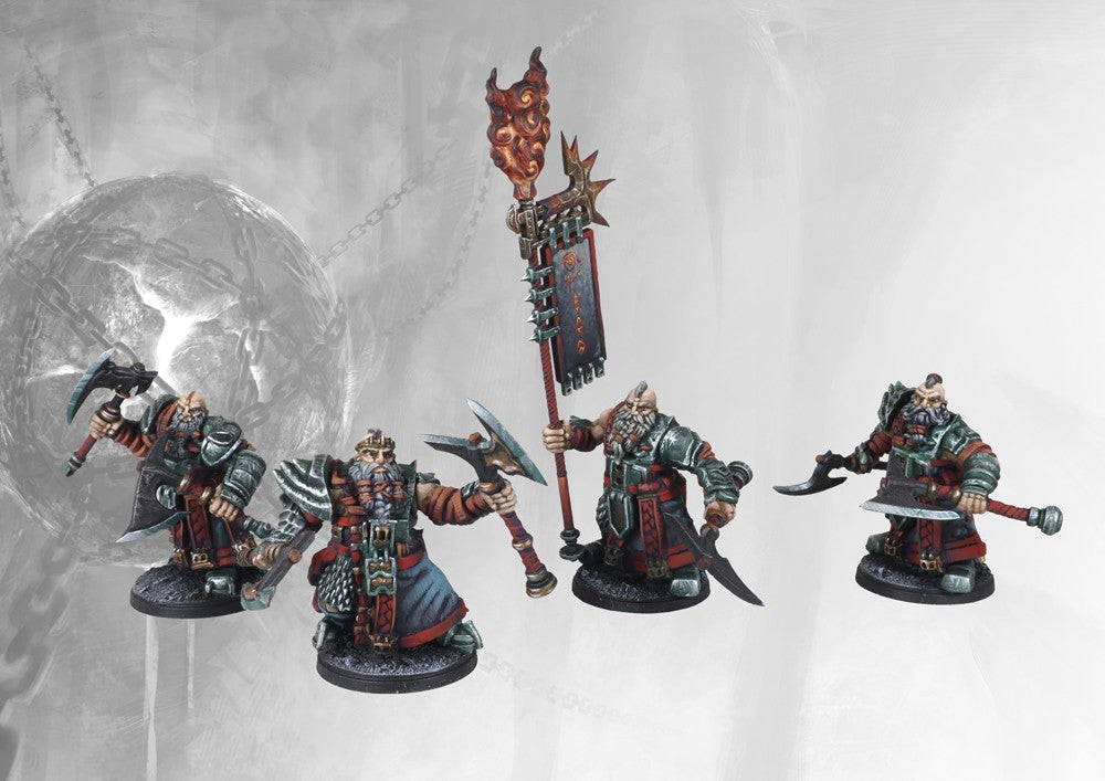 Four individual painted Dweghom Wardens miniatures, including the highly detailed Standard Bearer with the spike-adorned, flaming banner.