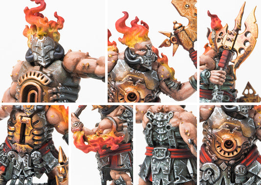 Close-up details of the Flame Berserkers, emphasizing the glowing elemental fire, ornate metal armor, and furious masked dwarf faces.