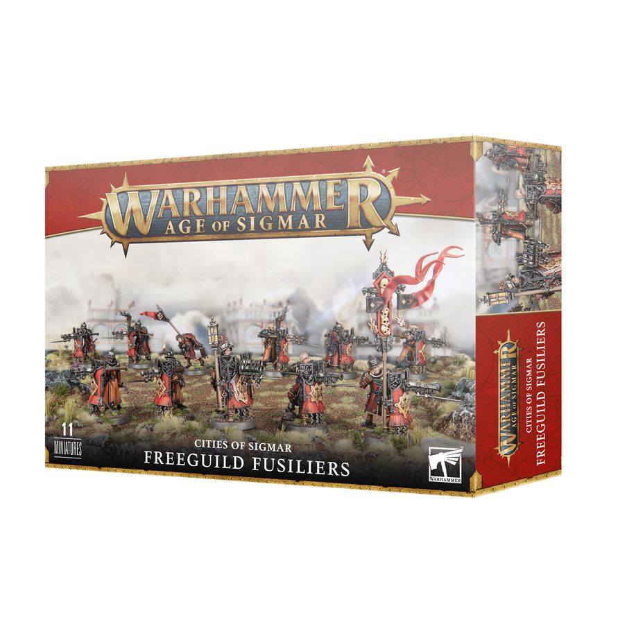 The official retail product box for the Freeguild Fusiliers miniature kit, featuring the fully assembled and painted Cities of Sigmar models.