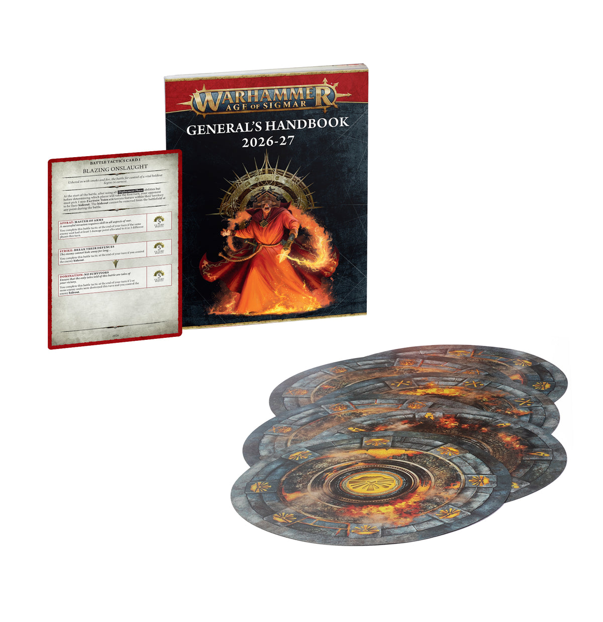 The official retail product package for the Warhammer Age of Sigmar General's Handbook 2026-27, showcasing the softcover book, cards, and circular objective mats.