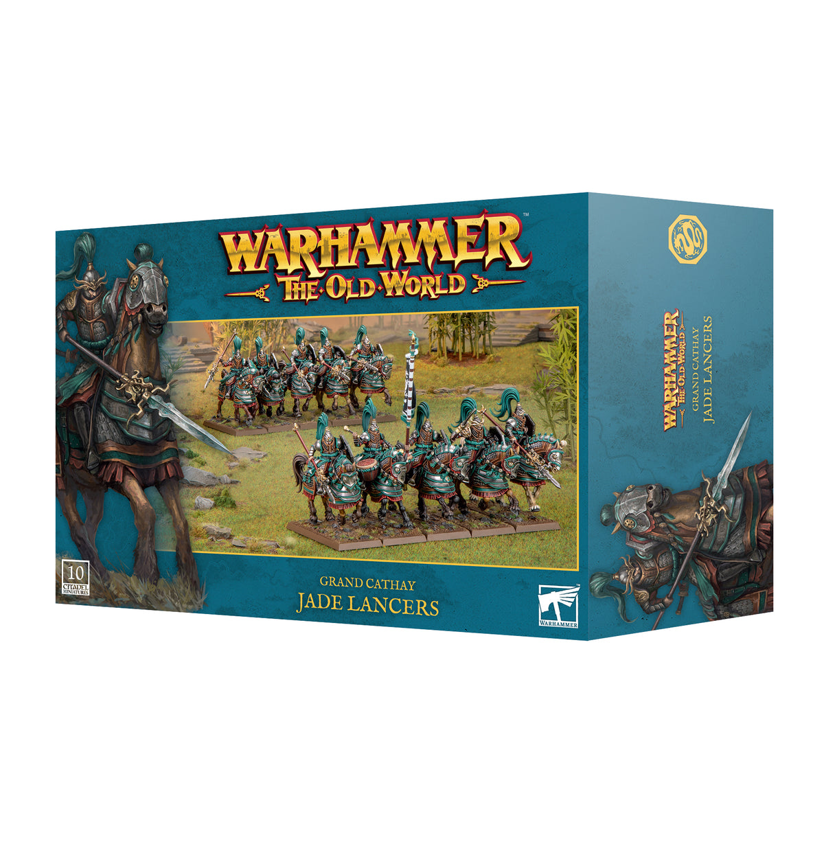 The official retail product box for the Grand Cathay: Jade Lancers miniature kit, displaying the heavy cavalry models.
