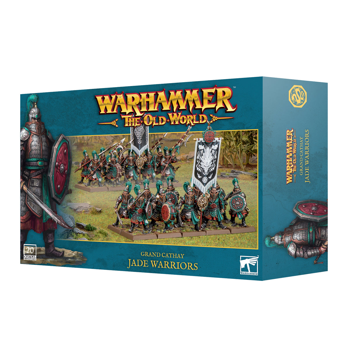 The official retail product box for the Grand Cathay: Jade Warriors miniature kit, displaying the heavy infantry models.