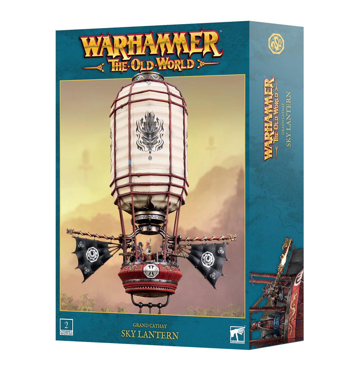 The official retail product box for the Grand Cathay: Sky Lantern miniature kit, showing the floating war engine model.