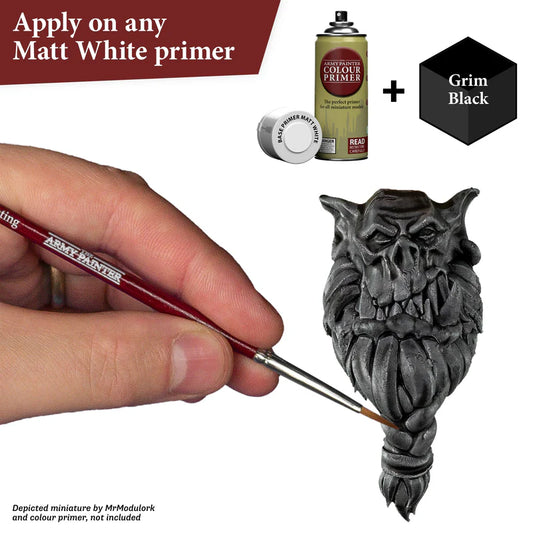 Applying Speedpaint 2.0 Grim Black over Matt White primer on a detailed orc miniature showing instant shading.