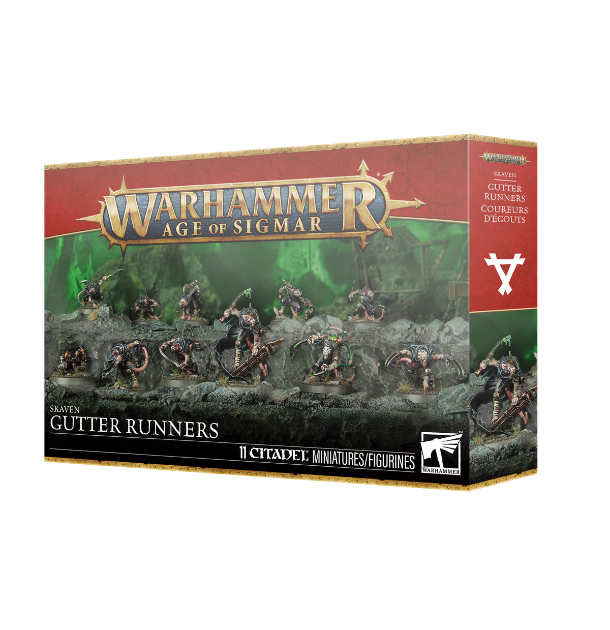 The official retail product box for the Gutter Runners miniature kit, featuring the fully assembled and painted Skaven models.