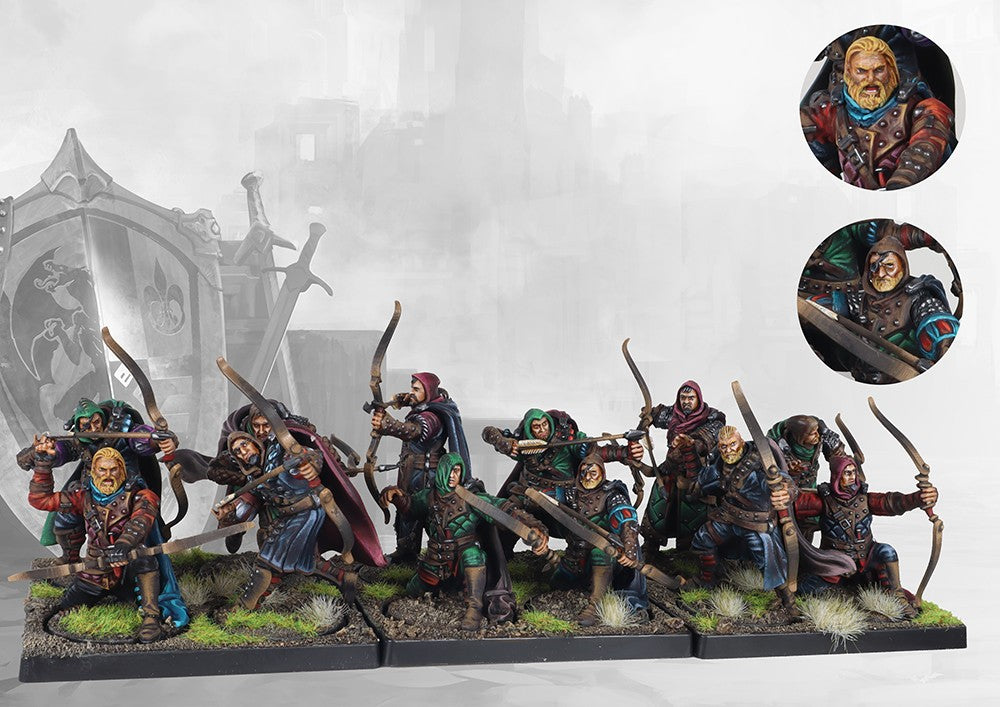 A full, studio-painted regiment of twelve Conquest Imperial Rangers with close-up inset images showing details of the characterful faces.