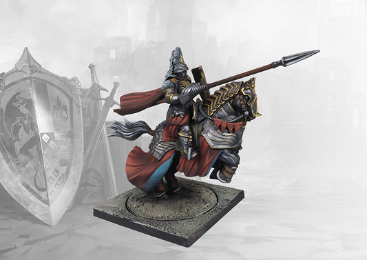 A studio-painted miniature of the Conquest Hundred Kingdoms Mounted Noble Lord, a heavily armored knight with a lance on a barded warhorse.