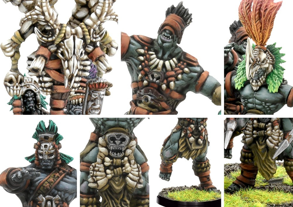Close-up detail shots of the W'adrhŭn Hunters and Slingers, highlighting the layered bone and leather armor, tribal masks, and colorful feather ornaments.