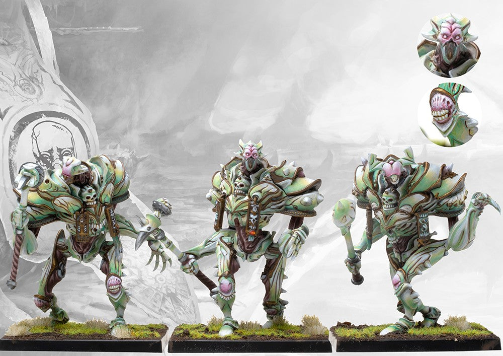 Three fully painted Incarnate Sentinels miniatures, the heavy Brute unit for Conquest: The Spires, showcasing their bio-mechanical armor.