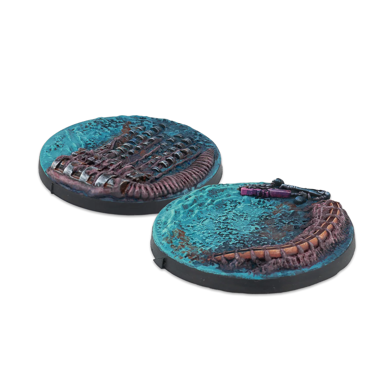 A group shot of the 2 unpainted 55mm Scenery Bases from the Zeta Series for Infinity.