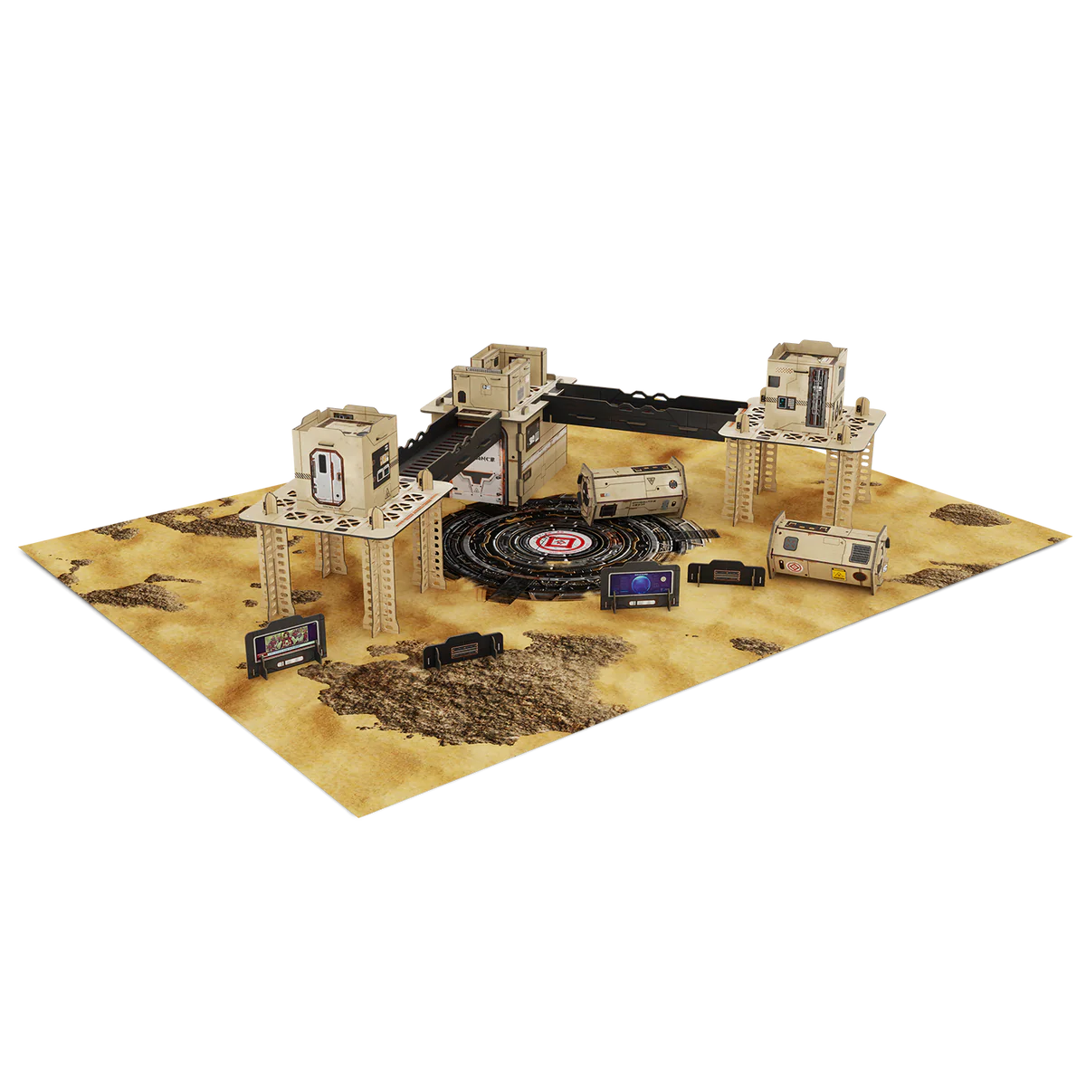 The assembled cardboard terrain from the Infinity Akashi Site Scenery Expansion Pack set up on the included game mat.