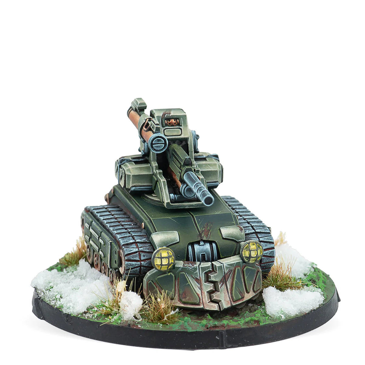 A painted Infinity miniature of an Ariadna Vystrel remote with a Portable Autocannon, on a scenic base with snow.