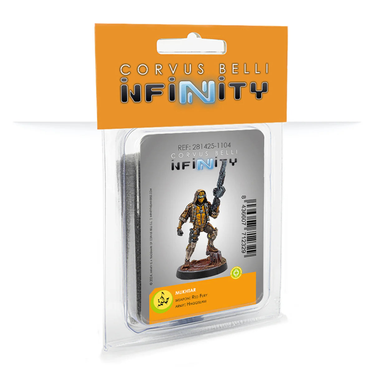 The blister pack for the Infinity Haqqislam Mukhtar with Red Fury, showing the painted metal miniature.