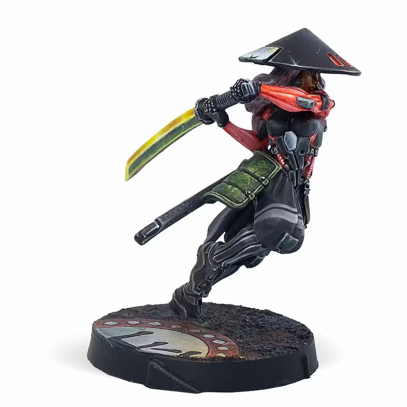 A professionally painted Infinity miniature of Shinobu Kitsune, a JSA ninja with long white hair, wielding a glowing yellow katana.